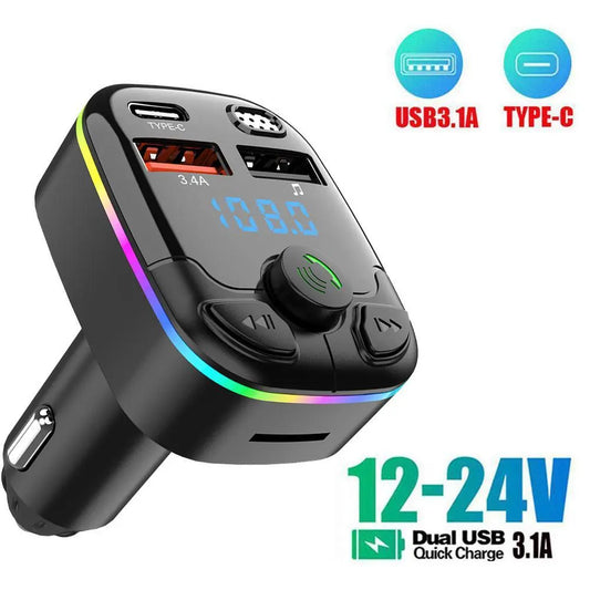 Car Bluetooth 5.0 FM Transmitter PD Type-C Dual USB 3.1A Fast Charger
